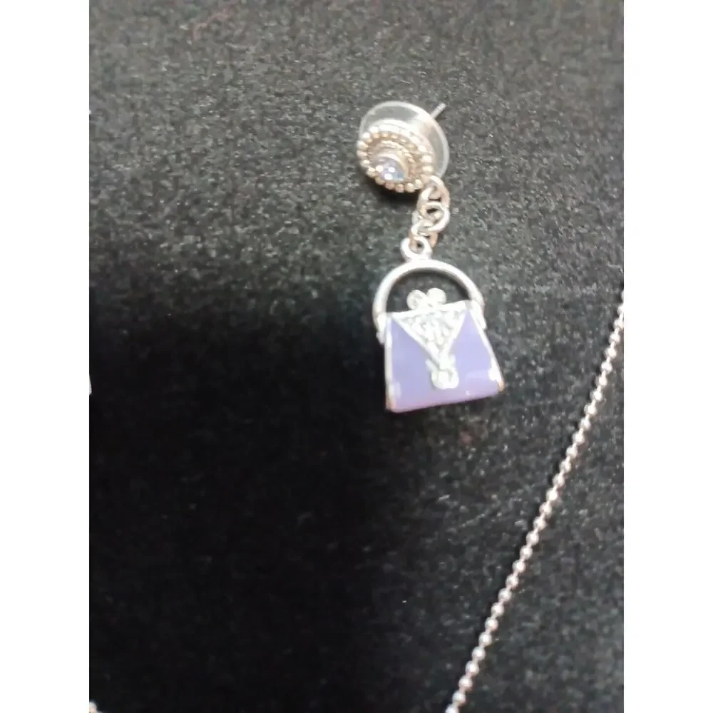 Purple Purse Charm Necklace Matching Earrings Bling Shopping Fun Pierced - Picture 5 of 6
